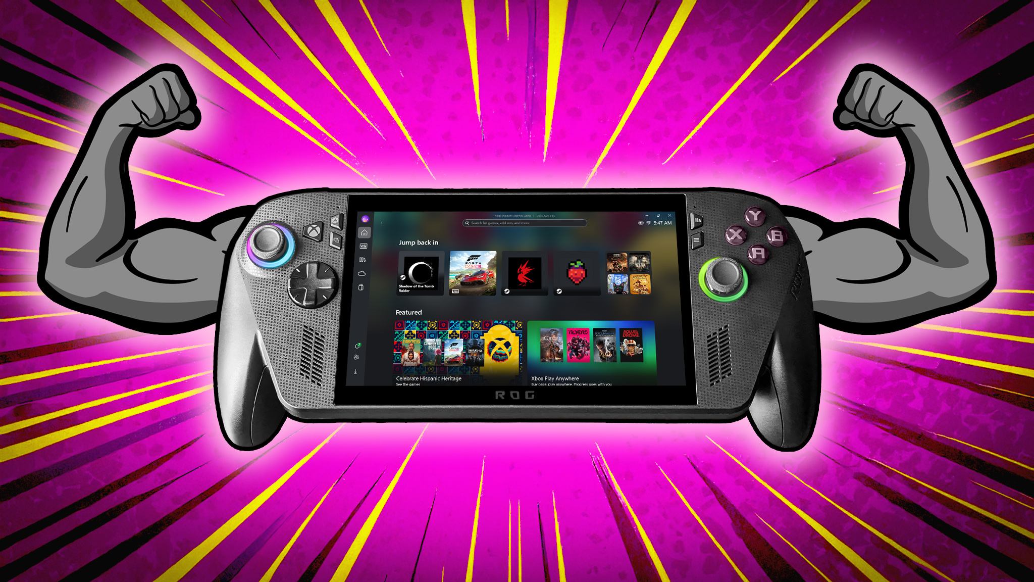 An Xbox Ally X with cartoon arms drawn flexing behind it.