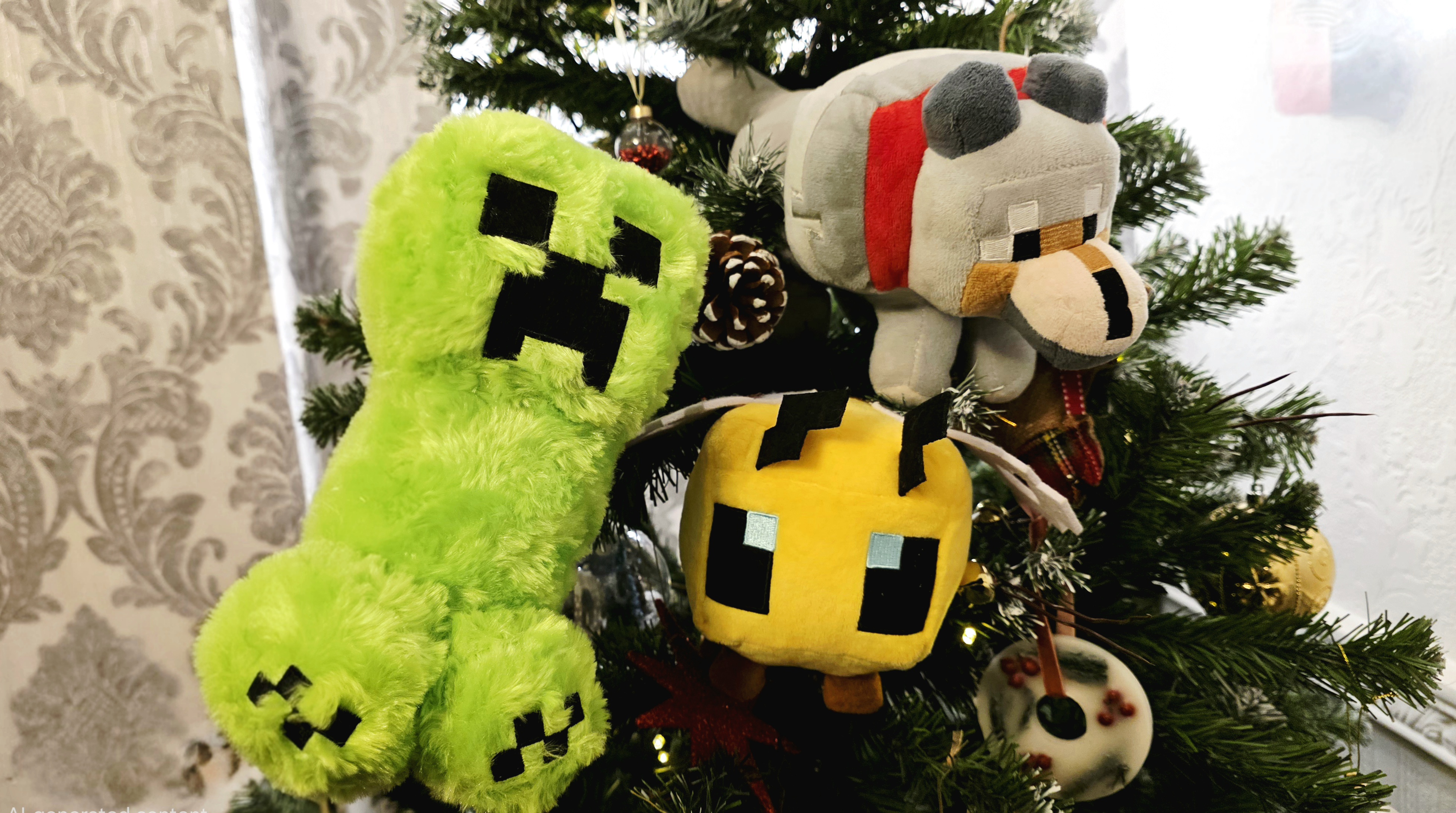 Plushie toys representing a Minecraft Creeper, Dog and Bumble Bee with a Christmas tree behind.