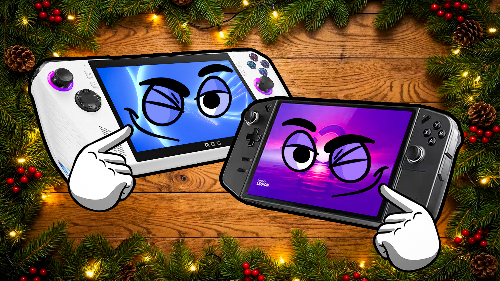 An ROG Ally with a winking face on the screen and a hand pointing to it and a Legion Go with a winking face on the screen and a hand pointing to it. The image is surrounded by pine needles, pinecones, and berries.