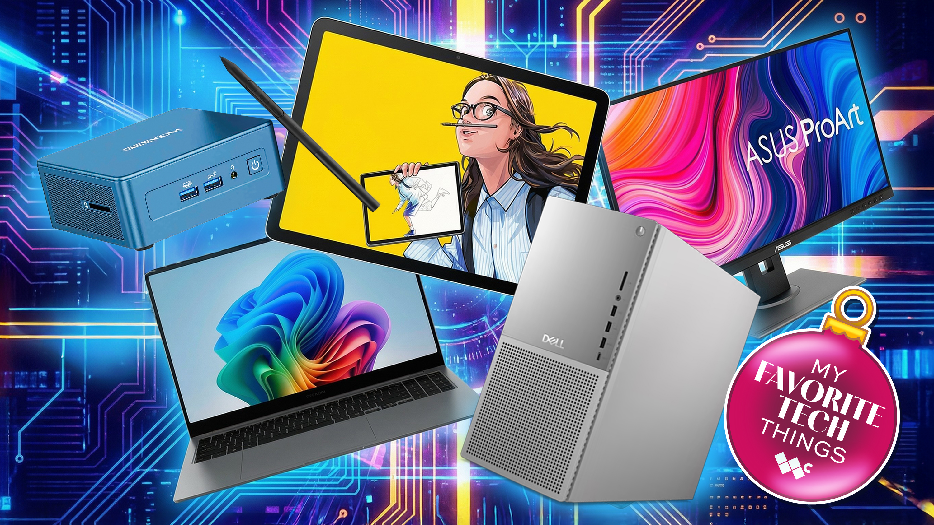 A mini PC, drawing tablet, monitor, laptop, and desktop floating on a techy, circuit board background. A graphic in the shape of an ornament reads, "My favorite tech things." 