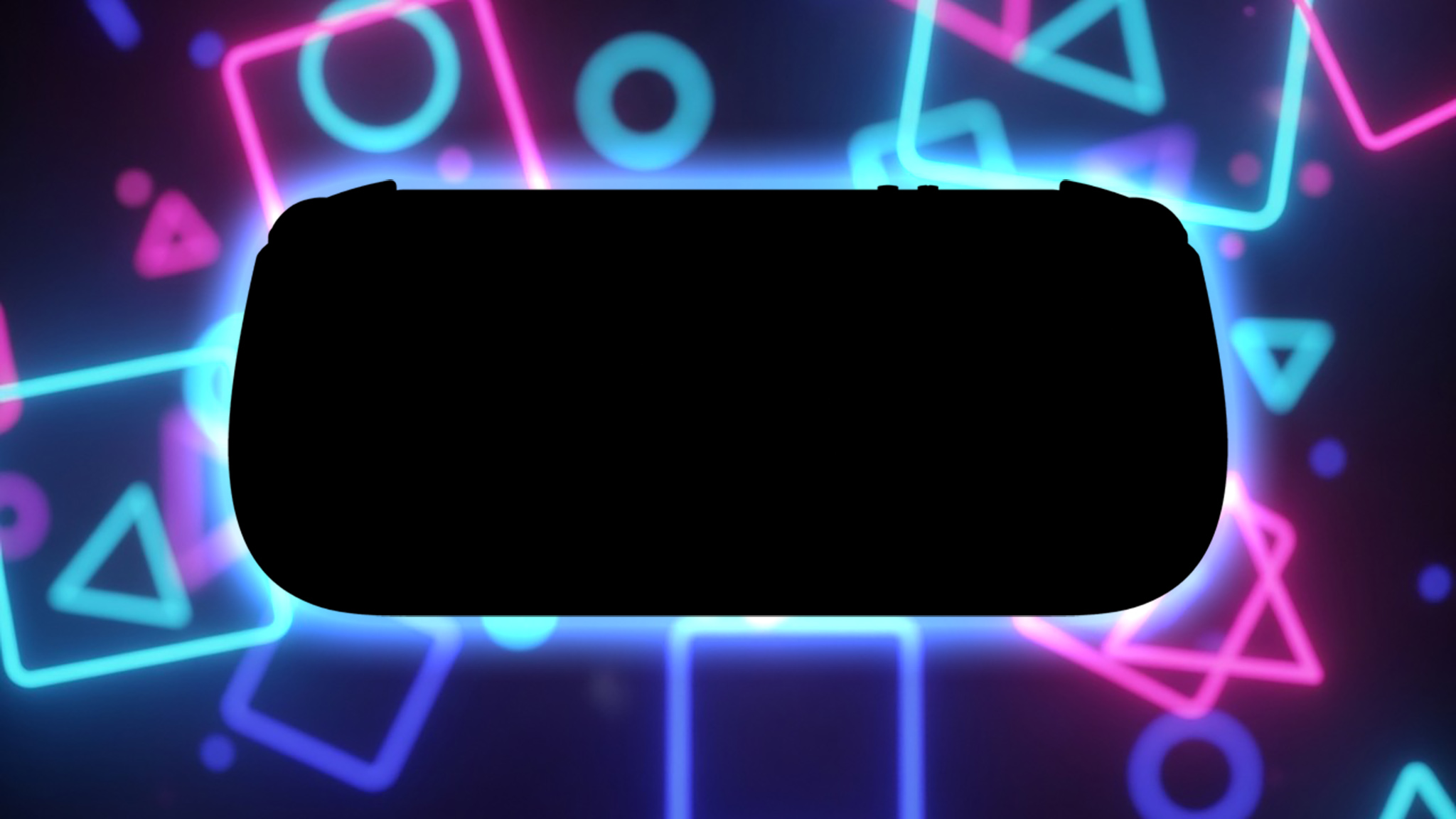 A handheld silhouette against a dark background with neon shapes. 