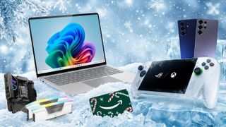 Collection of tech placed on a snowy background